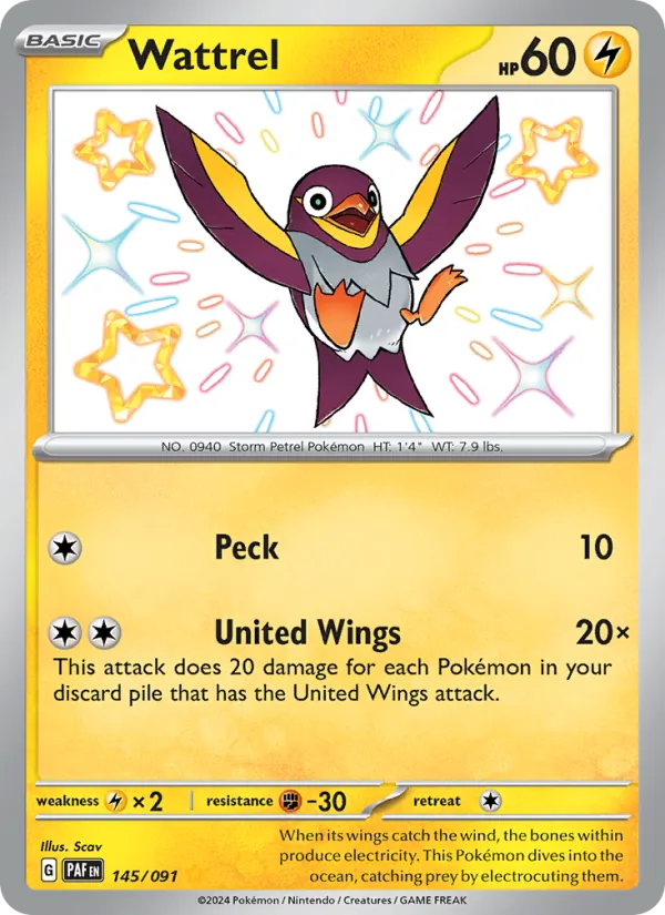 Wattrel #145 – Paldean Fates card