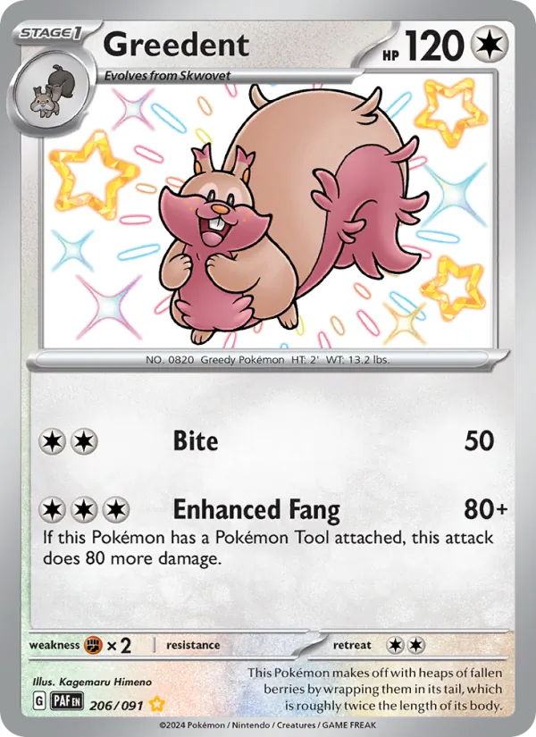 Greedent #206 – Paldean Fates card